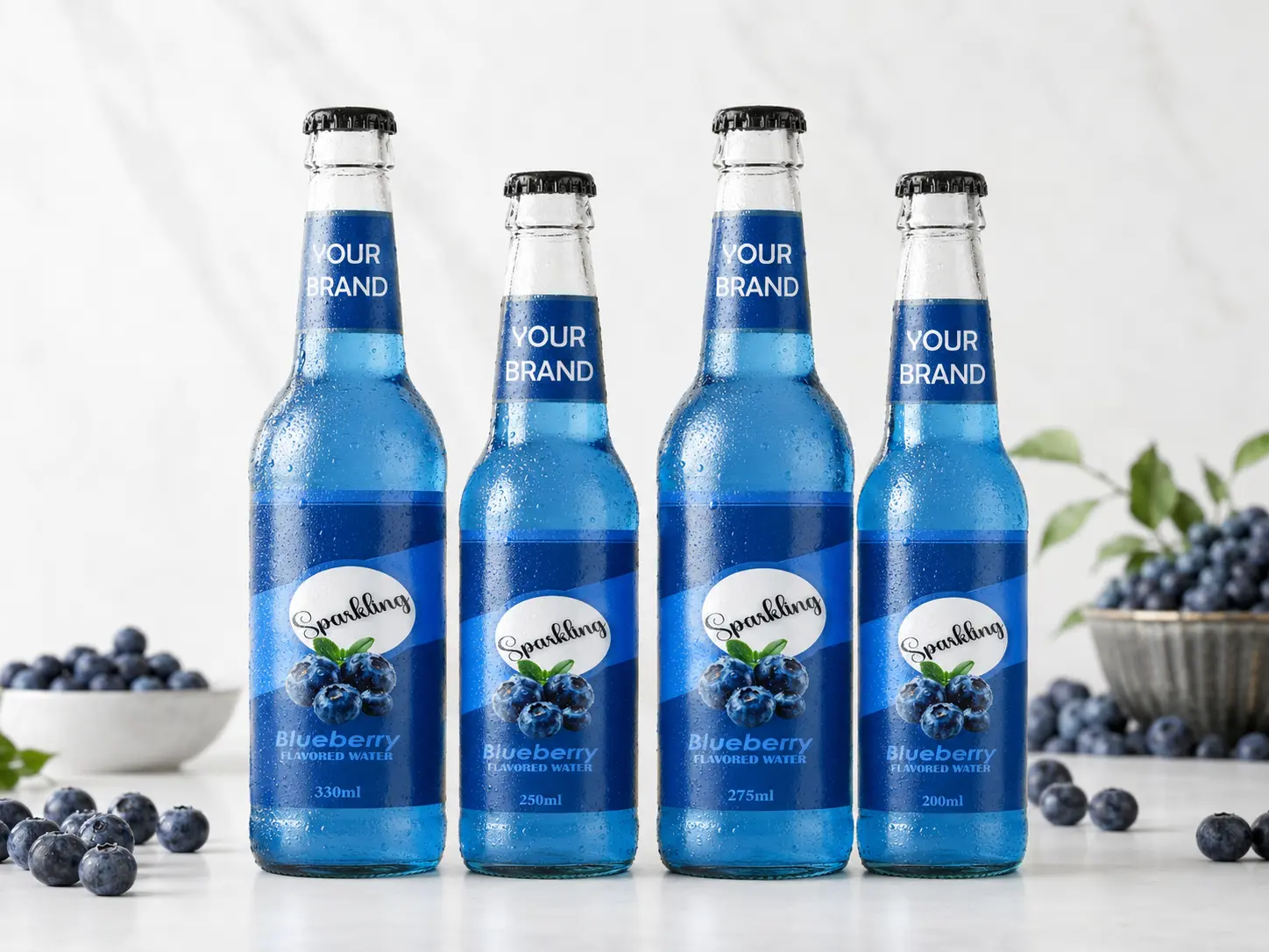 SPARKLING FLAVORED WATER Blueberry 330ml, 250ml, 275ml and 200ml glass bottles